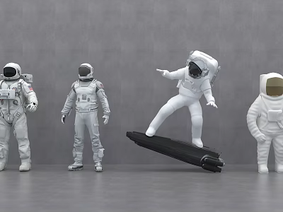 Multiple Astronauts Standing With One Riding Skateboard In Modern Gray Scene 3d model