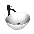 White Ceramic Bowl Shaped Bathroom Wash Basin With Modern Black Faucet And Flowing Water