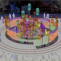 Vibrant Plaza Landscape With Colorful Lanterns Circular Light Decorations And People At Night