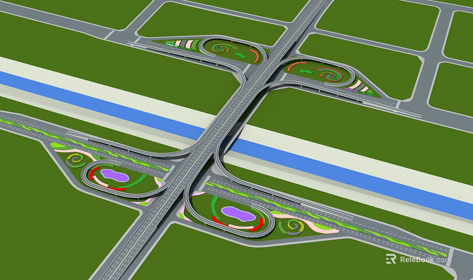 Road Infrastructure Featuring Multi Lane Intersection Roundabout And Green Landscaping 3d model
