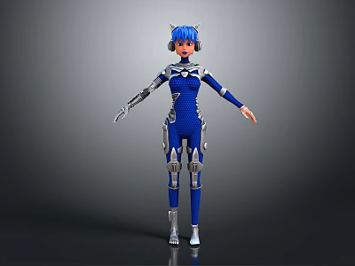 Futuristic Female Character In Blue Cybernetic Suit With Mechanical Details 3d model