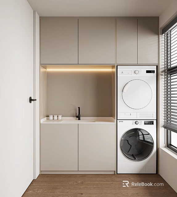 Functional Home Balcony With Beige Cabinets Countertop Faucet Washing Machine Dryer And Blinds 3d model 
