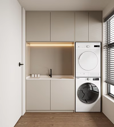 Functional Home Balcony With Beige Cabinets Countertop Faucet Washing Machine Dryer And Blinds 3d model