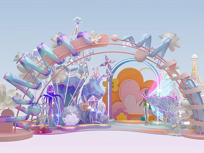 Vibrant Fantasy Installation With Colorful Arch Flowers Pinwheels Heart Shapes And Transparent Decor 3d model