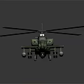 Green Military Helicopter Model With Rotors Cockpit And Weapon Systems On Dark Background