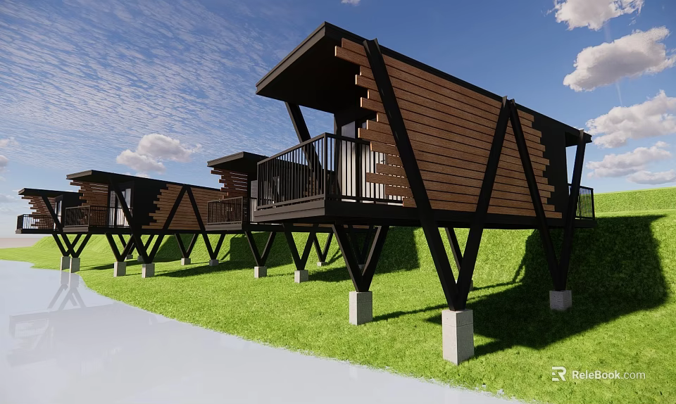 Modern Wooden Cabins On Black Stilts With Balconies In Green Lawn 3d model 