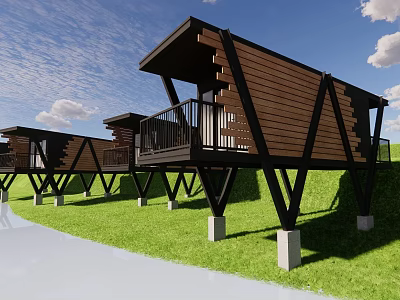 Modern Wooden Cabins On Black Stilts With Balconies In Green Lawn 3d model