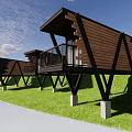 Modern Wooden Cabins On Black Stilts With Balconies In Green Lawn
