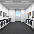 Laundry Room Interior With Washing Machines Flower Vases Posters And Bright Window