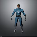 Superhero Male Figure in Blue Uniform with Four Symbol Standing Pose White Belt Gloves Boots
