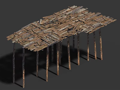 Rustic Wooden Structure With Planked Top And Multiple Wooden Pole Supports 3d model