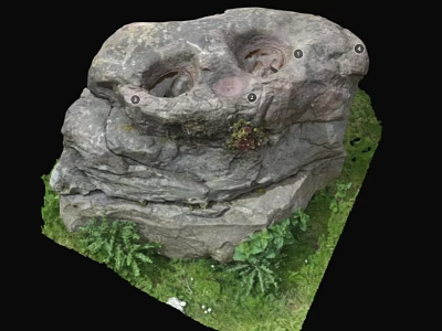 Natural Rock Decorative Structure With Cavities And Green Plants On Grass Base 3d model
