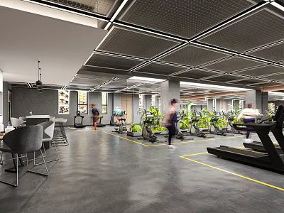 Spacious Gym Interior With Fitness Equipment And Exercising People 3d model