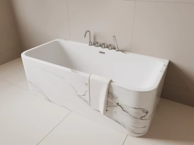 Modern Minimalist Marble Bathtub With Silver Faucet And White Towel On Light Tiled Floor 3d model