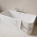 Modern Minimalist Marble Bathtub With Silver Faucet And White Towel On Light Tiled Floor