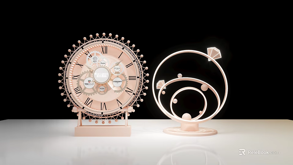 Pink Commercial Clock With Roman Numerals Orbital Ring Stand Diamond Accent And Spherical Elements 3d model 