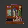Vintage Wooden Box With Glass Bottles Scrolls And Fabric Lining