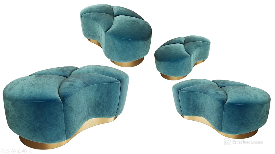 Curved Teal Velvet Stools With Unique Design And Gold Metal Base 3d model 