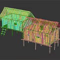 Traditional Rustic Bamboo Stilted Huts With Thatched And Green Leaf Roofs