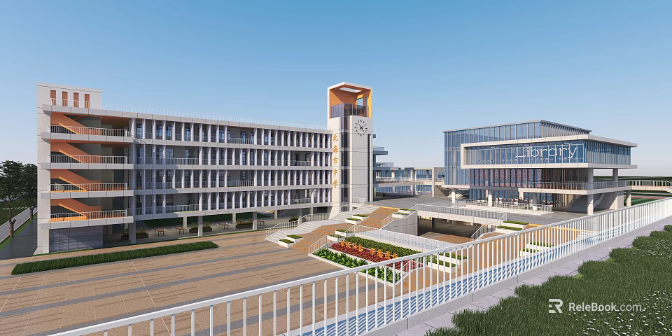 Modern School Building Complex With Clock Tower Spacious Plaza And Green Landscaping 3d model