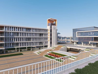 Modern School Building Complex With Clock Tower Spacious Plaza And Green Landscaping 3d model