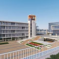 Modern School Building Complex With Clock Tower Spacious Plaza And Green Landscaping 3d model