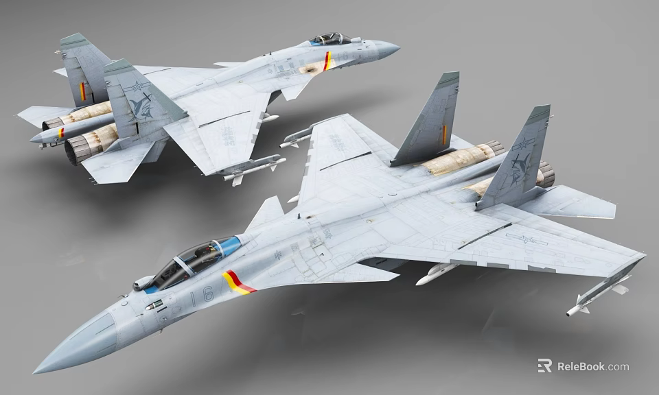 Two Gray Fighter Jets With Missiles Under Wings And Yellow Red Stripes 3d model 