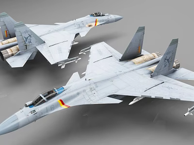 Two Gray Fighter Jets With Missiles Under Wings And Yellow Red Stripes 3d model
