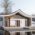 Traditional Chinese Waterside Architecture With Snowy Landscape Trees And Stone Steps