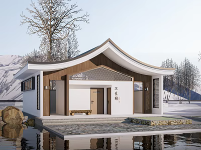 Traditional Chinese Waterside Architecture With Snowy Landscape Trees And Stone Steps 3d model