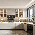 Modern Kitchen Interior With Gray Cabinets Black Appliances Marble Countertop And Glass Door Upper Cabinets