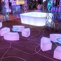 Vibrant Neon Lit Stage With Chinese Character Signs And Reflective Floor