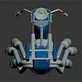Blue Motorcycle With Long Front Fork Chrome Accents And Yellow Headlight