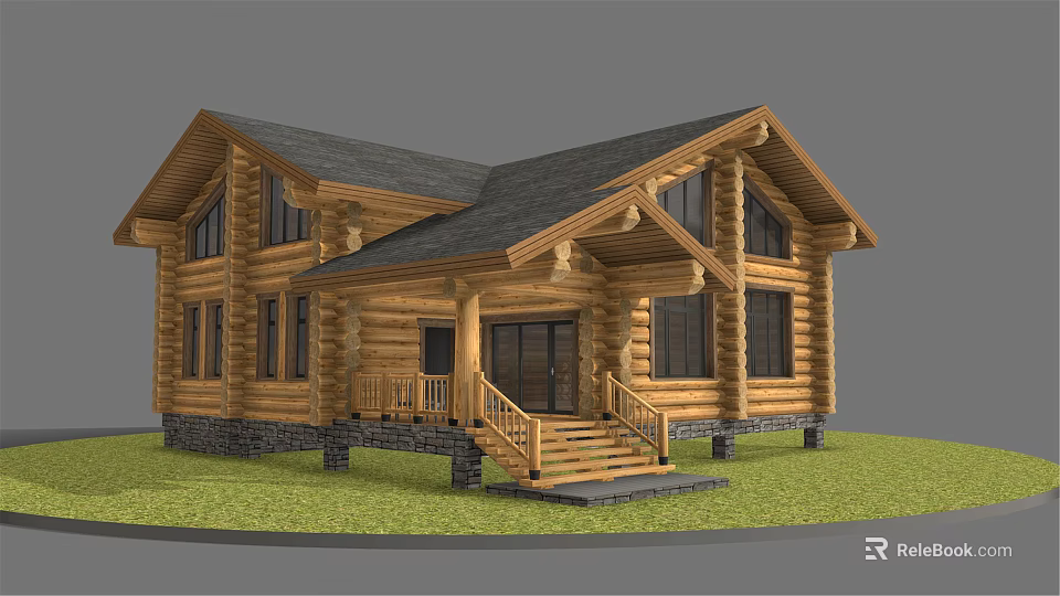 Rustic Log Cabin Exterior With Gabled Roof Wooden Stairs And Stone Foundation 3d model 