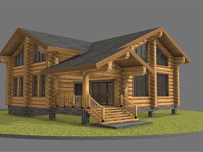 Rustic Log Cabin Exterior With Gabled Roof Wooden Stairs And Stone Foundation 3d model