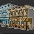 Colorful Traditional Buildings With Light Blue Yellow Facades Balconies Arched Doorways And Flag