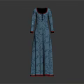 Blue Long Sleeve Floor Length Dress With Red Trim And Floral Pattern