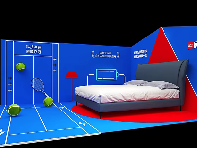 Tech Inspired Photo Check-in Spot With Blue Red Wall Bed Tennis Balls And Hollywood Elements 3d model