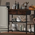 Kitchen Storage Cart with Wooden Top Metal Frame Holding Bottles Spices Pots and Pumpkin