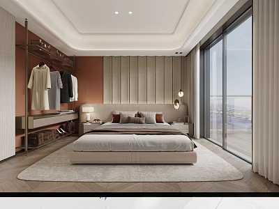 Modern Bedroom Interior With Built in Wardrobe King Size Bed And Floor to Ceiling Window 3d model