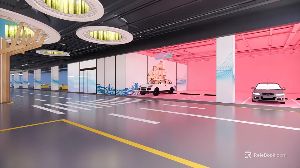 Modern Indoor Parking Garage With Ceiling Lights Parked Vehicles And Floor Markings 3d model 