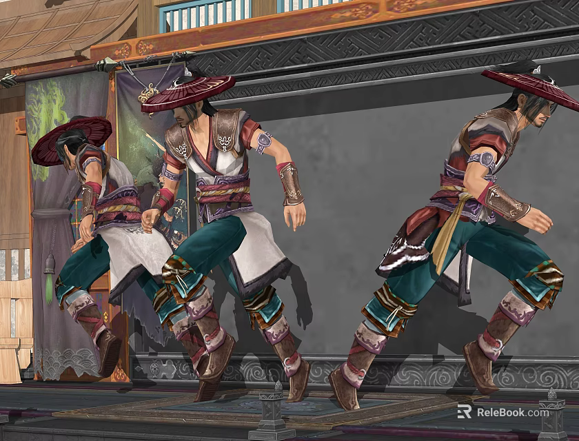 Game Film Characters In Traditional Eastern Costumes With Wide Brimmed Hats And Running Stance 3d model 