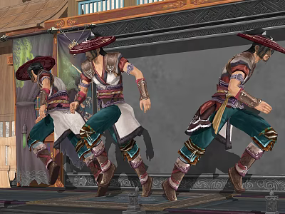 Game Film Characters In Traditional Eastern Costumes With Wide Brimmed Hats And Running Stance 3d model