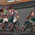 Game Film Characters In Traditional Eastern Costumes With Wide Brimmed Hats And Running Stance