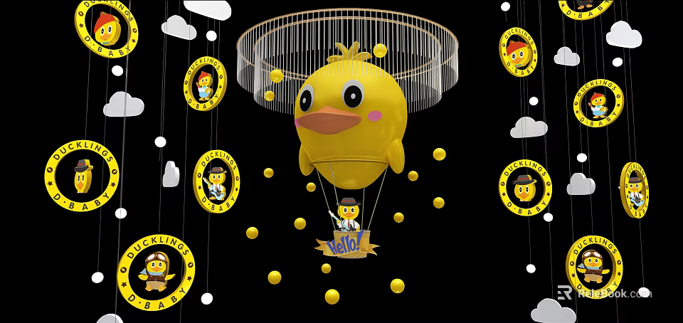 Yellow Cartoon Duck Hanging Ornament with Circular Badges Clouds and Gold Dots 3d model 
