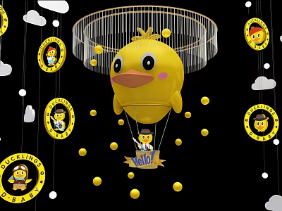 Yellow Cartoon Duck Hanging Ornament with Circular Badges Clouds and Gold Dots 3d model