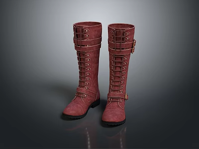 Burgundy Knee High Boots with Lace Up Front and Metal Buckle Details on Black Soles 3d model