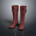 Burgundy Knee High Boots with Lace Up Front and Metal Buckle Details on Black Soles