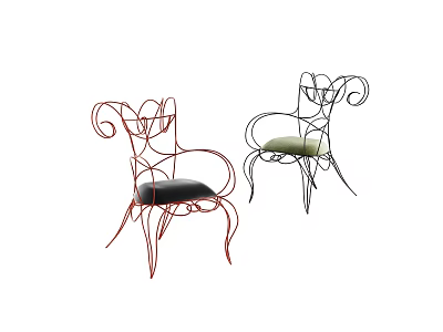 Artistic Wireframe Armchairs with Red Black Frames and Green Black Cushions 3d model