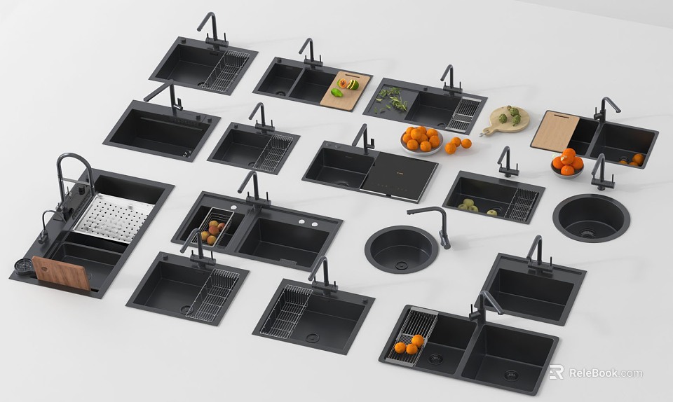 Different Black Kitchen Sinks with Faucets Drain Racks and Fresh Oranges 3d model 